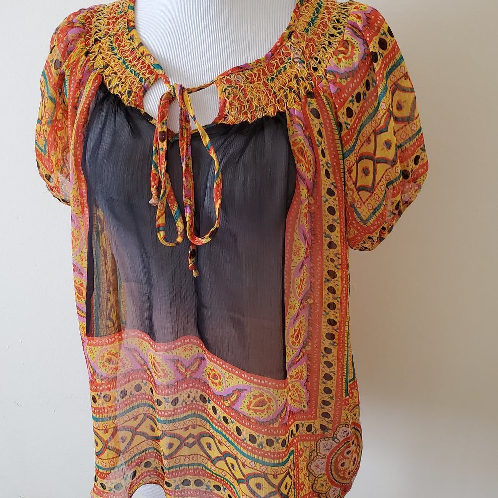 BCBG Max Azria Sheer Smocked Neck Peasant Style Top Shirt